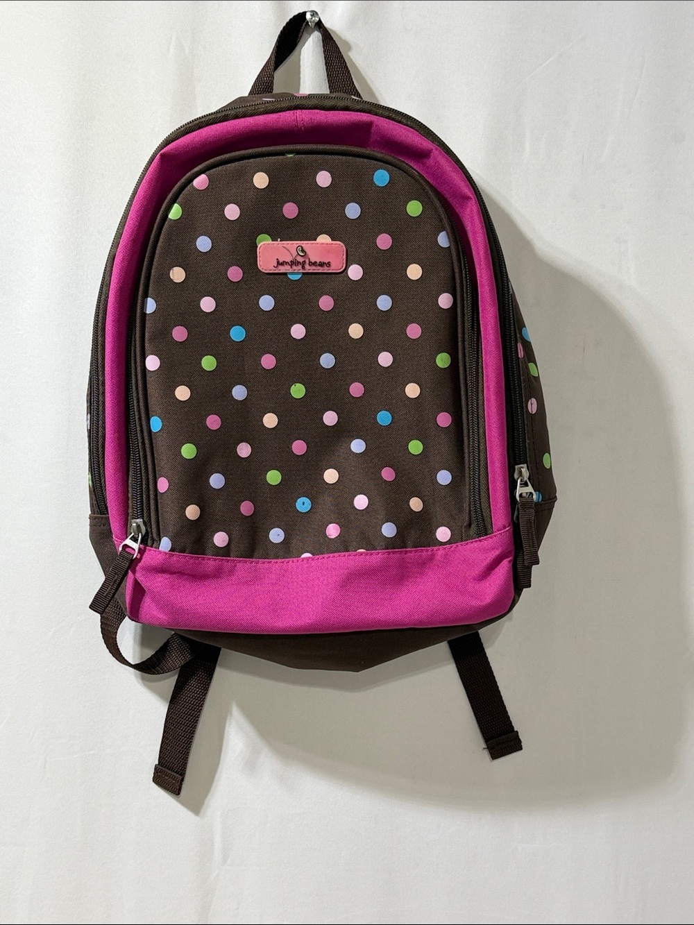 jumping beans Brown Backpack with Bright Pink Trim and Multicolor Dots